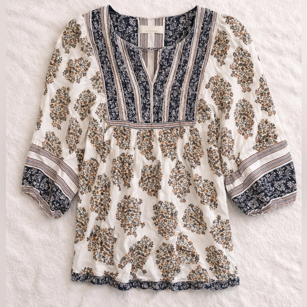 Lucky Brand Boho Peasant Top Paisley Floral Print V-Neck Blouse Medium